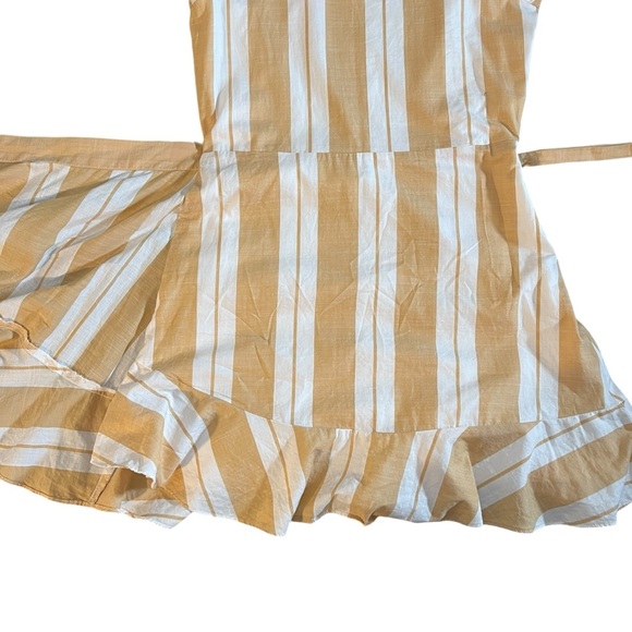 Express Cotton Ruffle Flare Sleeve Wrap Dress in Tan + White Stripes Size Small - Picture 7 of 10
